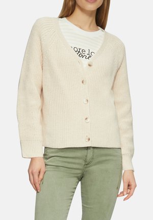 Lichtbeige gebreide cardigan met een V-hals, lange mouwen en vijf crèmekleurige knopen aan de voorkant. Heeft ribgebreide mouwen en zoom.