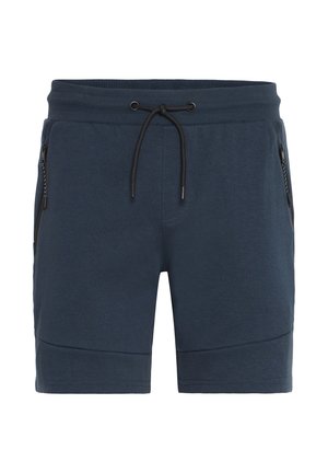 Marineblaue Sportshorts aus weichem Stoff, mit einem gerippten Bund und verstellbarem Kordelzug sowie zwei seitlichen Reißverschlusstaschen.