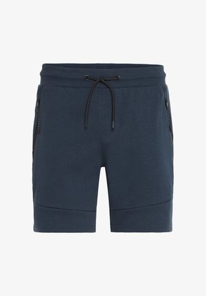 Shorts de sport bleu marine en tissu doux, avec une taille côtelée dotée d'un cordon de serrage ajustable et deux poches latérales zippées.