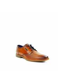 Brązowe skórzane buty eleganckie z perforowanym wzorem, okrągłym czubkiem, czarnymi sznurówkami i kontrastową niebieską podszewką. Płaska gumowa podeszwa.