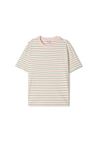Short-sleeve t-shirt in soft fabric, featuring horizontal stripes in pink, green, and white. Round neckline with contrasting pink trim.