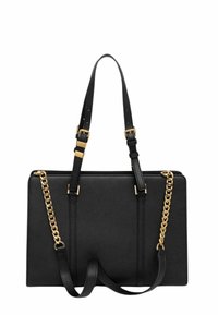 Black leather handbag with a structured design, gold hardware accents, adjustable straps, and a detachable chain shoulder strap.