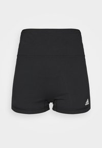Șorturi negre din material extensibil, cu talie înaltă și un mic logo Adidas în colțul din dreapta jos. Textură netedă, design ajustat.