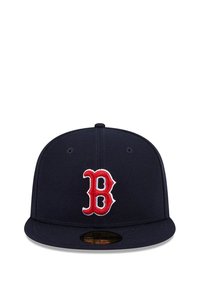 Navy baseball cap with a flat brim, featuring a red embroidered "B" logo on the front. Made of textured fabric with eyelet vents.
