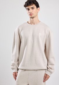 Felpa beige con collo a giro, maniche lunghe e una piccola toppa con logo sul petto. Realizzata in un tessuto morbido e texturizzato.