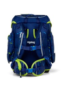 Navy blue ergonomic backpack with green accents. Features padded straps, mesh side pockets, and geometric patterns for added texture and detail.