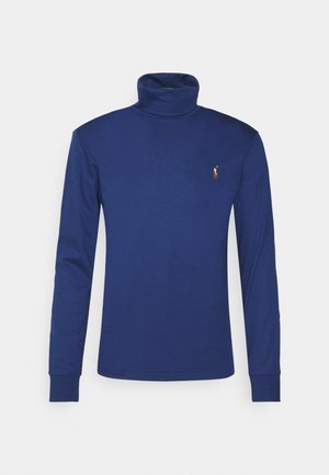 Marineblaue Langarm-Rollkragenshirt mit kleinem, gesticktem gold- und braunfarbenem Polospieler-Logo auf der linken Brust.