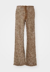Brown flared pants made of textured fabric with silver sequins, featuring a drawstring waistband with tassels for adjustments.