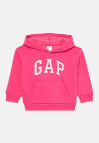 Felpa per bambini di colore rosa brillante con logo bianco "GAP" sul davanti e tasca a canguro, con maniche lunghe e cappuccio.