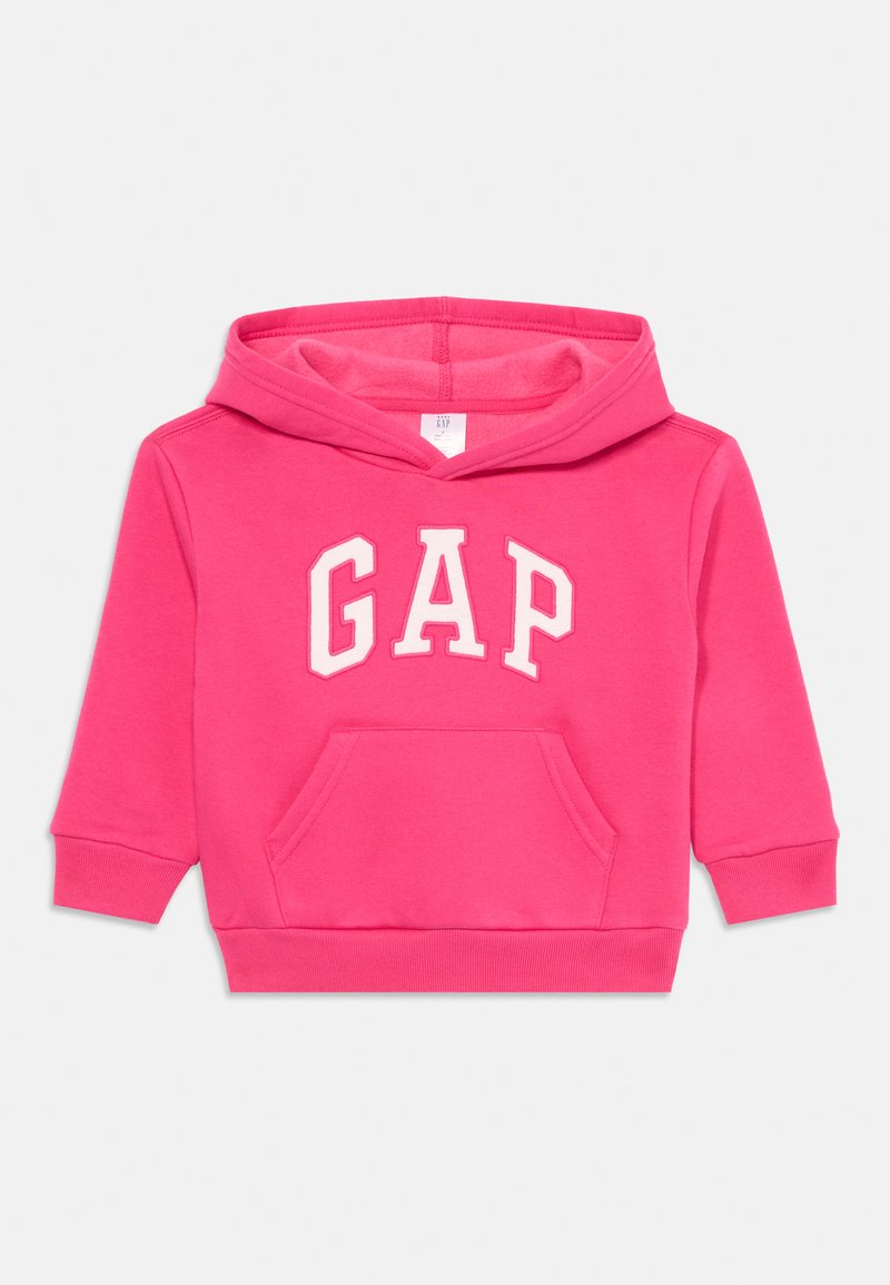 Felpa per bambini di colore rosa brillante con logo bianco "GAP" sul davanti e tasca a canguro, con maniche lunghe e cappuccio.