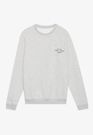 Grey sweatshirt made of soft fabric, featuring long sleeves, a crew neck, and a black printed logo on the left chest.