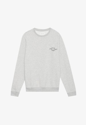 Pilkas džemperis, pagamintas iš minkštos medžiagos, su ilgomis rankovėmis, apvalia iškirpte ir juodu spaudiniu ant kairiojo krūtinės.