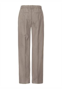 Pantaloni larghi di un grigio chiaro con cintura elastica e due tasche posteriori. Il tessuto ha una texture liscia con un motivo sottile.