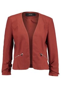 Rust-colored structured jacket with a textured finish, open front, and two zippered pockets at the waist. Gathered sleeves add detail.