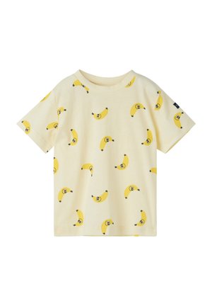 Children's short-sleeve cream T-shirt with a pattern of smiling yellow bananas scattered across the fabric.