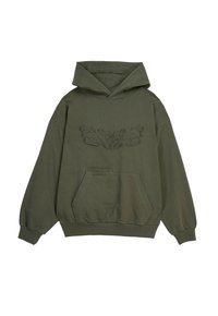 Oliwkowa bluza z kapturem z kieszenią z przodu, z teksturowanym haftem na klatce piersiowej oraz ściągaczami przy mankietach i u dołu.