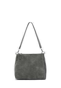 Harmaan mokkailun olkalaukku, jossa on yksinkertainen hihna, vetoketjukiinnitys ja pehmeä pyöreä suorakulmainen muoto valkoista taustaa vasten.