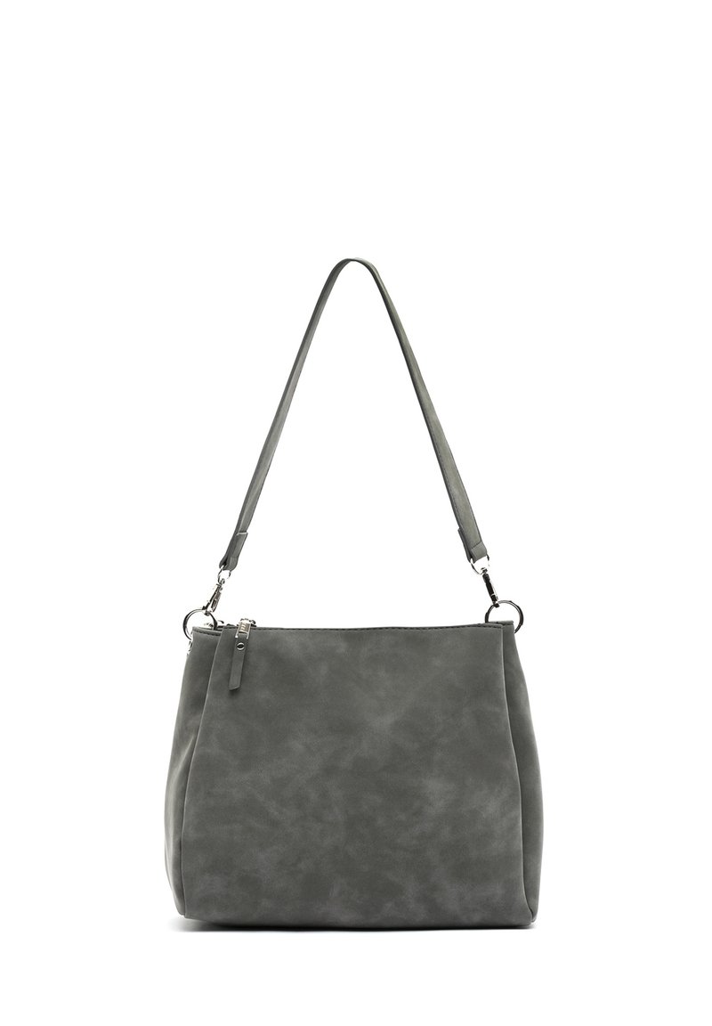 Harmaan mokkailun olkalaukku, jossa on yksinkertainen hihna, vetoketjukiinnitys ja pehmeä pyöreä suorakulmainen muoto valkoista taustaa vasten.