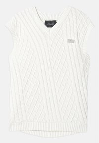 Biały bezrękawnik dzianinowy z dekoltem w serek, ozdobiony wzorem w romby i ściągaczem na dolnym końcu. Mała metka z logotypem na lewej piersi.