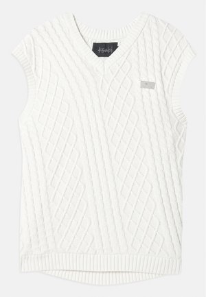 White sleeveless knit sweater with a v-neck, featuring a diamond pattern and ribbed hem. Small branded tag on the left chest.