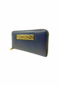 Cartera de cuero azul marino con herrajes dorados, que presenta el logo "GATINONI", cierre de cremallera alrededor y superficie texturizada.