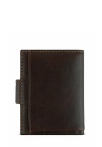 Braunledergeldbörse mit glatter Oberfläche, genähten Kanten und seitlichem Verschluss. Kompakte rechteckige Form mit minimalistischem Design.