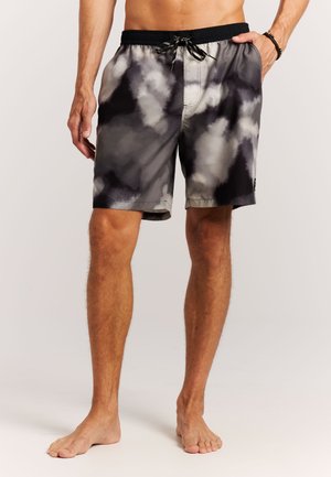 Heren zwemshorts in een zwart-grijs abstract tie-dye patroon. Gemaakt van lichtgewicht materiaal met een elastische tailleband en trekkoordsluiting.