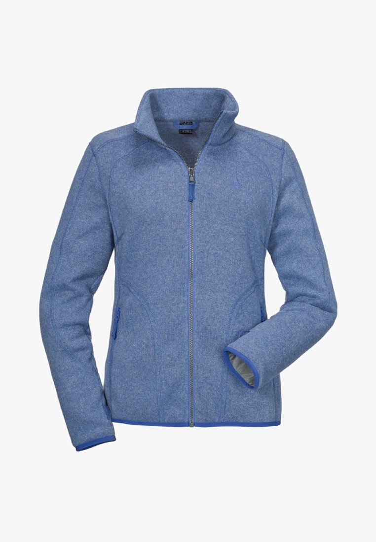 Veste polaire zippée de couleur bleu clair unie, avec col montant, manches longues et deux poches latérales zippées, présentée sur un fond blanc.
