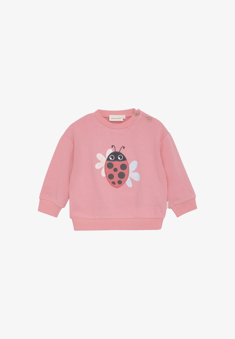 Sweatshirt rose avec un graphique de coccinelle présentant des taches rouges et des ailes blanches. Tissu doux, col rond et accents de boutons sur l'épaule.
