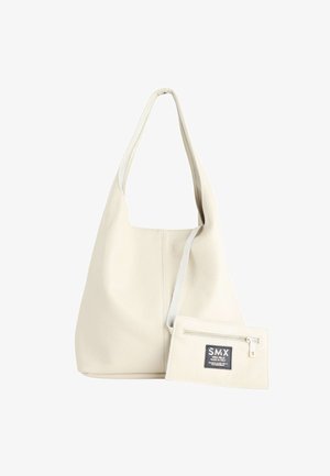 Borsa a tracolla in pelle color crema con bustina con cerniera abbinata etichettata SMX, made in Italy, su sfondo bianco.