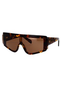 Occhiali da sole con montatura in acetato tartarugato, design rettangolare sovradimensionato, lenti marroni e un profilo frontale audace.