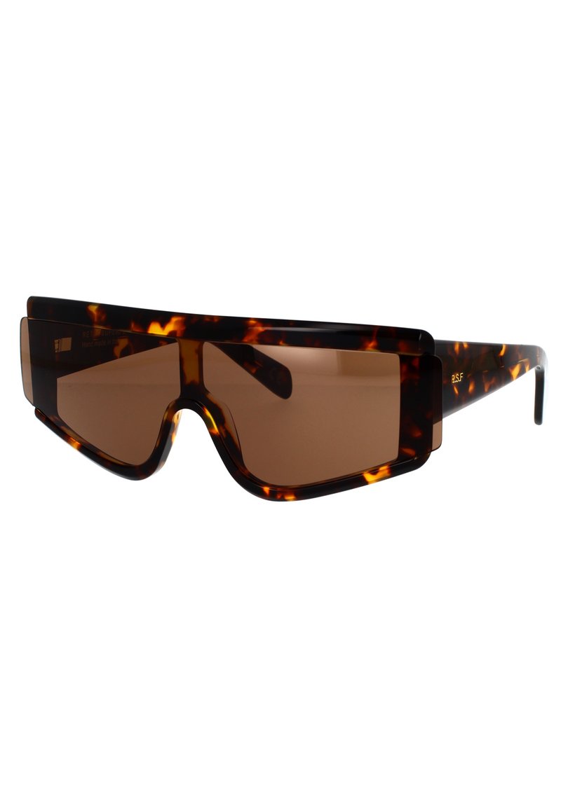 Occhiali da sole con montatura in acetato tartarugato, design rettangolare sovradimensionato, lenti marroni e un profilo frontale audace.
