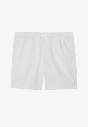 Weiße Baumwollshorts mit elastischem Taillenbund und Kordelzug, ausgestattet mit zwei Seitentaschen und klaren Linien, die ein einfaches Design bieten.