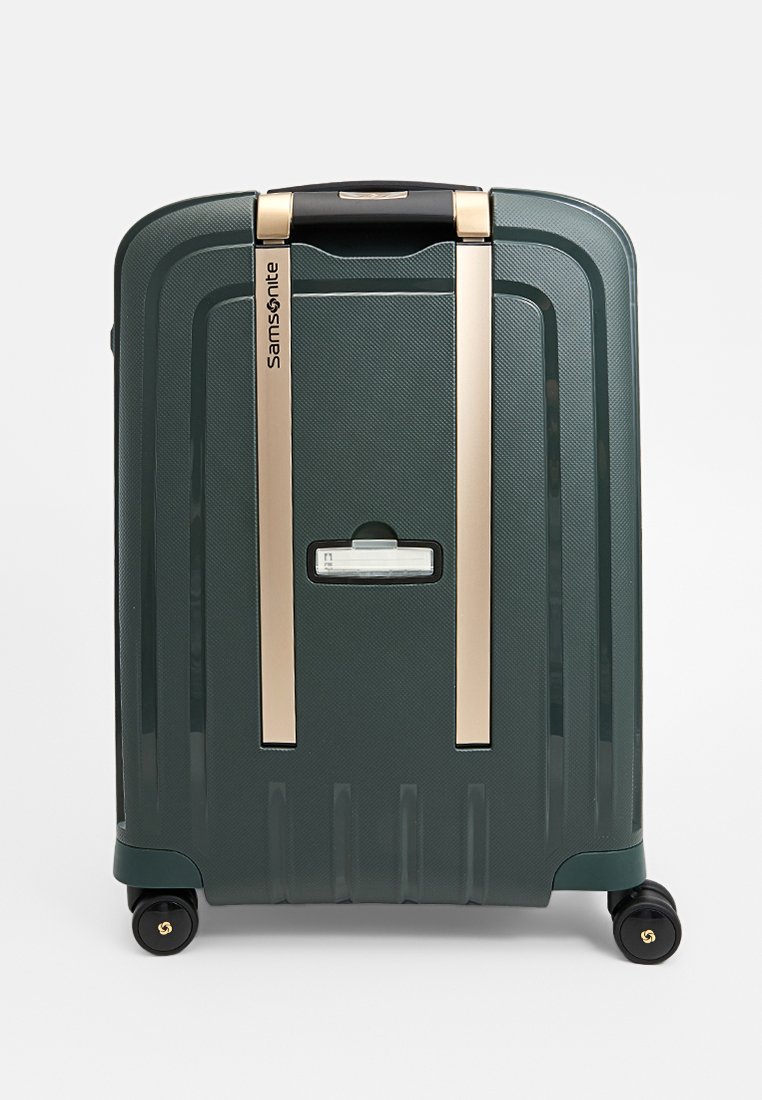 Grüner Samsonite Hartschalenkoffer mit strukturierter Oberfläche, goldenen Akzenten, Doppelrädern und einem integrierten ID-Fach. Rechteckige Form.