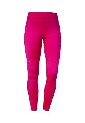 Leggings roses ajustés en tissu extensible, avec des coutures contrastées et une texture lisse, conçus pour les vêtements de sport.