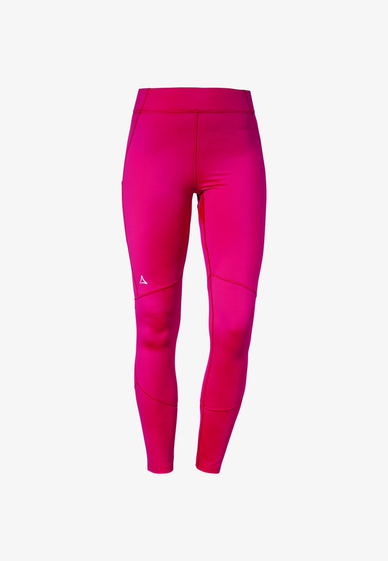 Tight rosa leggings gjorda av elastisk tyg, med kontrasterande sömmar och en slät textur, designade för träningskläder.