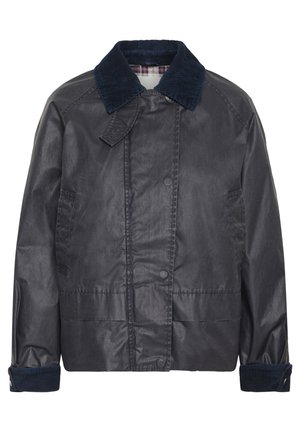 Veste en tissu ciré bleu marine avec un col en velours côtelé, des fermetures à pression et des poches latérales. L'intérieur présente une doublure à carreaux.
