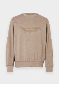 Μπεζ φούτερ με στρογγυλή λαιμόκοψη κατασκευασμένο από υφαντό ύφασμα, με ανάγλυφο λογότυπο Aston Martin σε αντίθετο χρώμα στο μπροστινό μέρος.