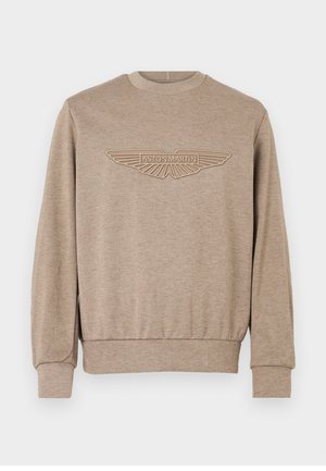 Beige-värinen pyöreäkauluksinen collegepaita, joka on valmistettu teksturoidusta kankaasta. Edessä on kohotettu Aston Martinin logo kontrastivärillä.