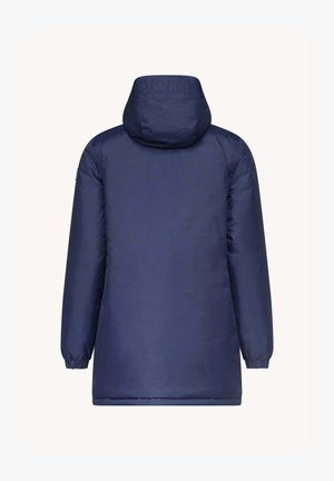 Doudoune marine avec capuche, dotée de poignets élastiques et d'un logo au cou. Texture lisse et design mi-cuisse.