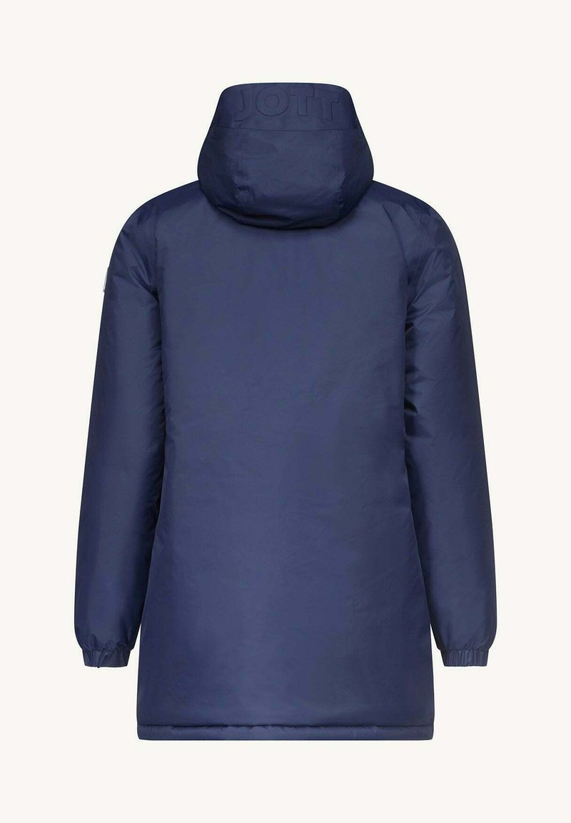 Marinblå puffjacka med huva, med elastiska ärmar och en logotyp vid nacken. Slät textur och design som når mitt på låret.