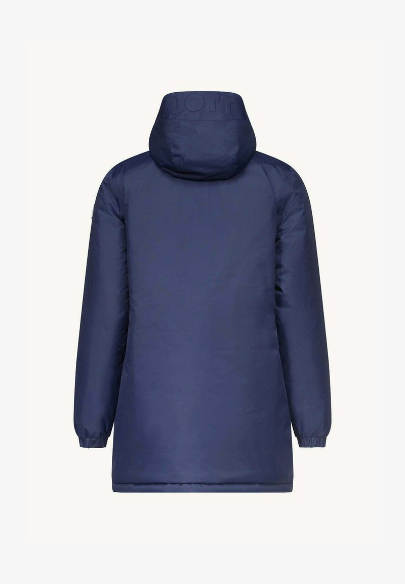 Marinekleurige pufferjack met capuchon, uitgerust met elastische manchetten en een logo op de nek. Glad textuur en een ontwerp tot halverwege de dijen.