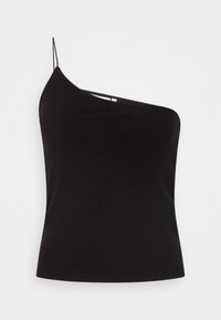 Haut noir côtelé avec un design asymétrique à une épaule, fines bretelles, silhouette ajustée et texture lisse. Style simple et polyvalent.