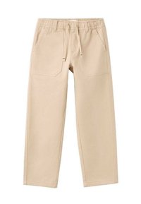 Bež hlače, casual, izdelane iz mehkega materiala z elastičnim pasom in vrvico za zategovanje. Imajo dva sprednja žepa in detajle na zadnjem žepu.