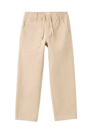 Bež hlače, casual, izdelane iz mehkega materiala z elastičnim pasom in vrvico za zategovanje. Imajo dva sprednja žepa in detajle na zadnjem žepu.