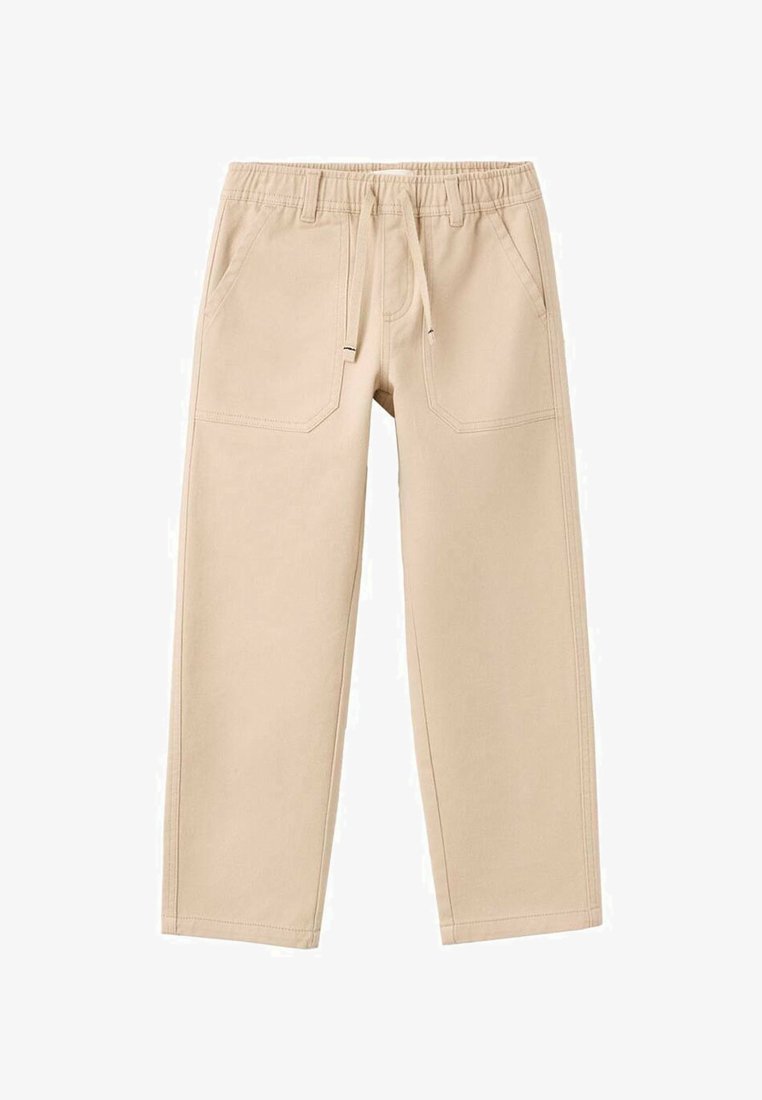 Bež hlače, casual, izdelane iz mehkega materiala z elastičnim pasom in vrvico za zategovanje. Imajo dva sprednja žepa in detajle na zadnjem žepu.