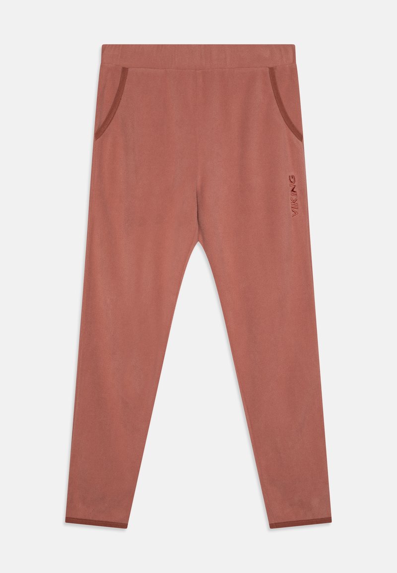 Rosa leggings laget av mykt, teksturert stoff med sidelommer og ordet "VIKING" trykt i en mørkere nyanse på benet.