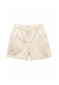 Pantaloni scurți de culoare bej deschis, din bumbac, având talie elastică, închidere cu nasture și buzunare laterale. Design simplu, clasic, fără modele.