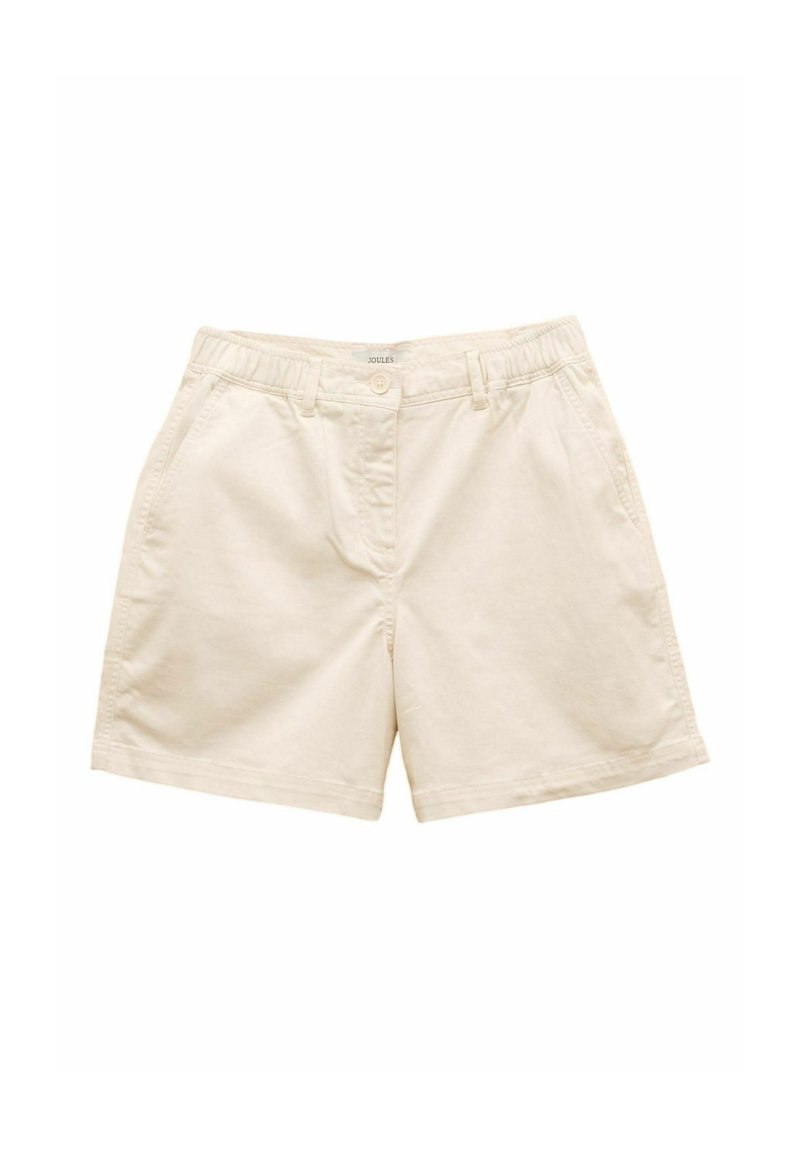 Pantaloni scurți de culoare bej deschis, din bumbac, având talie elastică, închidere cu nasture și buzunare laterale. Design simplu, clasic, fără modele.