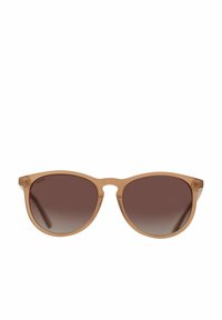 Brown-tinted sunglasses with a lightweight, matte beige plastic frame, featuring a rounded cat-eye shape and subtle branding on the lens.